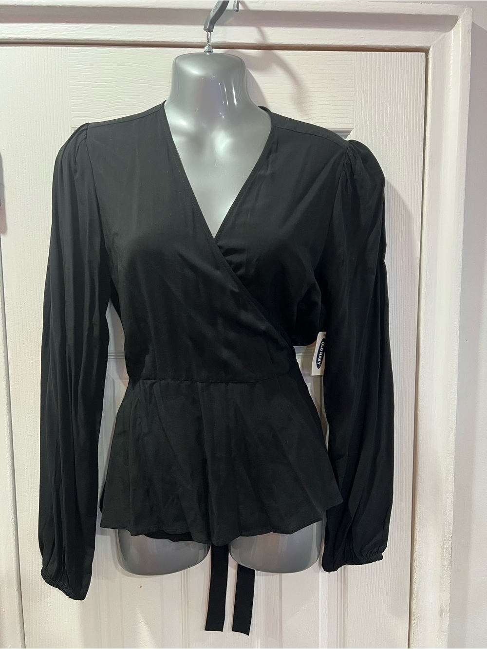 Old Navy Black Wrap Peplum Blouse with Tie